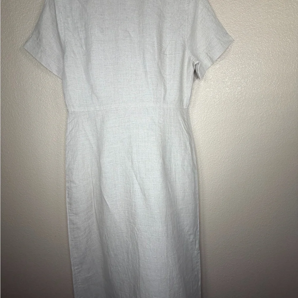 Eddie Bauer Beige 100% Linen Midi‎ Dress Button Front Short Sleeve